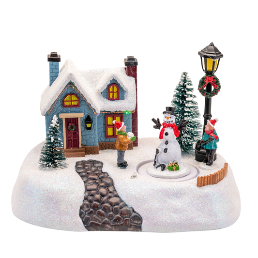 LED LIGHT UP MUSICAL HOUSE WITH ROTATING SNOWMAN 7"
